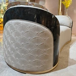 Curved Luxury Sofa Set with Fan Quilted Craftsmanship, High-Gloss Natural Burl Wood Veneer & Gold Stainless Steel Detailing